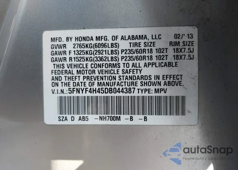 2013 Honda Pilot Ex from USA, damaged, VIN 5FNYF4H45DB044387